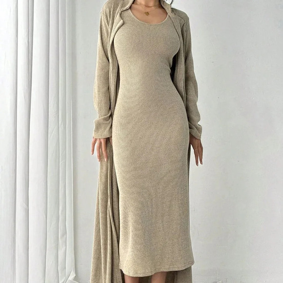 Dresses & Skirts - Khaki Casual Women's Plush Long Skirt & Cardigan Two-Piece Set
